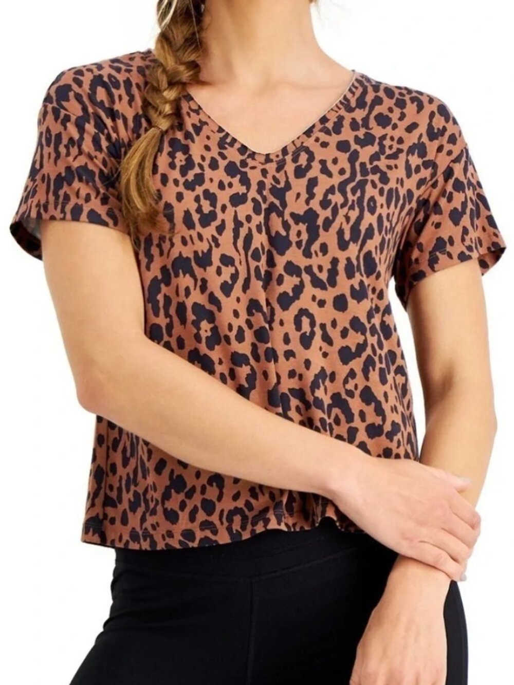 IDEOLOGY Brown Black Cheetah Leopard Animal Print V-Neck Short Sleeve Tee TShirt